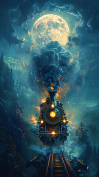Victorian ghost train emerging from a misty tunnel, full moon, animation style