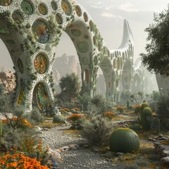 Terraformed gothic gardens on Mars, incorporating biomimicry and ancient basketry designs - obrazy, fototapety, plakaty