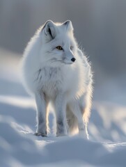 Naklejka premium Arctic fox in snowy wilderness - A stunning close-up of a white arctic fox, its fur providing camouflage against the snowy backdrop, embodying wilderness survival