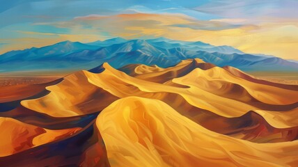 Desert landscape in warm tones painting - Artistic representation of a desert landscape in warm hues under a soft sky, exuding tranquillity and isolation