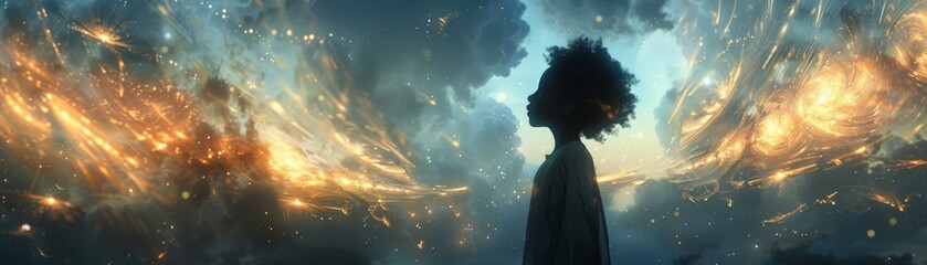 Dreamy cosmic landscape with a woman silhouette - A mystical panorama with a child's silhouette against a backdrop of ethereal cosmic clouds and light