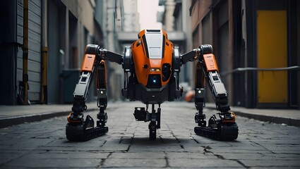 A large, orange and black robot with mechanical arms and tracks stands in a narrow, urban alley between modern tall buildings

