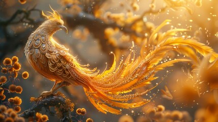 Ethereal phoenix on a blossoming branch - An ethereal phoenix with golden feathers perches on a blooming branch, radiating a sense of hope and renewal