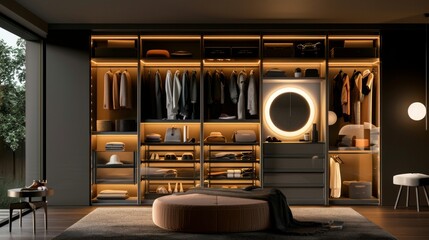 wide wooden dressing room, interior of modern house, Modern closet with LED lights with clothes.