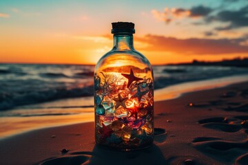 Enigmatic message in a bottle symbolizing hopes and dreams adrift on the vast sea - obrazy, fototapety, plakaty