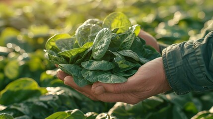 Fresh spinach leaves held in hand against blurred background with space for text