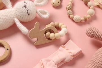 Obraz na płótnie Canvas Different baby accessories on pink background, closeup