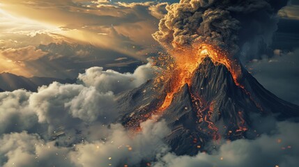 The top of mount olympus in Greek mythology erupting like a volcano releasing flames, smoke and debris into the sky as high as the clouds, high definition - obrazy, fototapety, plakaty