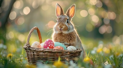 Fototapeta na wymiar Easter rabbit, bunny, sits by a basket filled with colorful eggs in grass. Happy easter. Celebration.