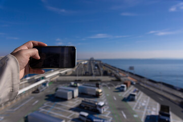 A traffic jam shooting by smartphone on the highway at Tokyo bay area in Chiba