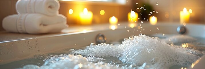 Tranquil scene: bubble bath with candles and soft music - obrazy, fototapety, plakaty