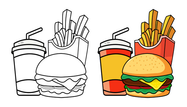 Vector Illustration of fast food with lines and colors, for children's coloring book