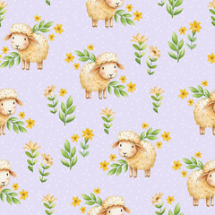 Cute baby watercolor pattern with baby sheep, yellow  flowers and twigs. Perfect for baby clothing, textiles, fabrics