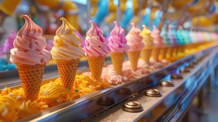 A colorful array of soft serve ice cream cones displayed in a line, showcasing a variety of flavors and vibrant colors.

