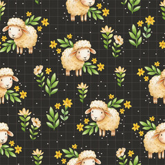 Cute baby watercolor pattern with baby sheep, yellow  flowers and twigs. Perfect for baby clothing, textiles, fabrics
