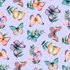 Cute baby watercolor pattern with butterflies and twigs. Perfect for baby clothing, textiles, fabrics