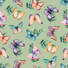 Cute baby watercolor pattern with butterflies and twigs. Perfect for baby clothing, textiles, fabrics