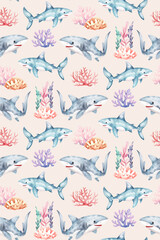 Cute baby watercolor pattern with sharks and seaweed. Perfect for baby clothing, textiles, fabrics