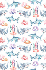 Cute baby watercolor pattern with sharks and seaweed. Perfect for baby clothing, textiles, fabrics