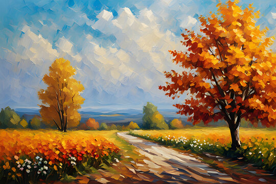road in autumn painting