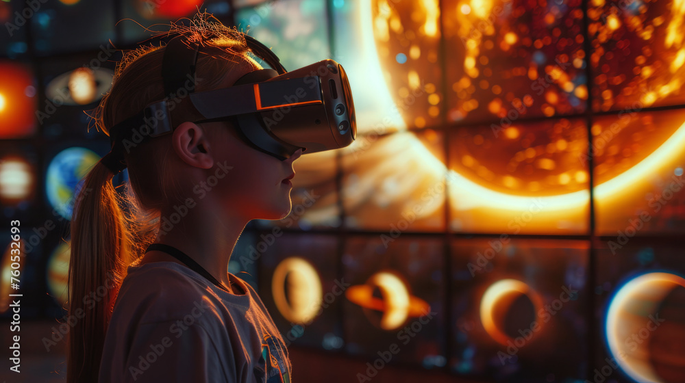 Poster a woman experiences virtual reality with a vr headset against a backdrop of futuristic glowing scree