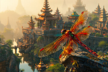 Delicate colorful dragonfly rests at sunrise its wings jeweled with water droplets before the mysterious mistcovered ruins of an ancient temple - obrazy, fototapety, plakaty