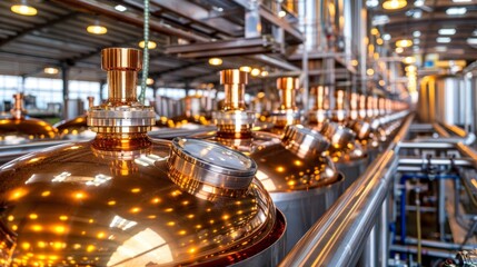 Scientific beer production in steel lab, technicians analyze samples with precision for innovation