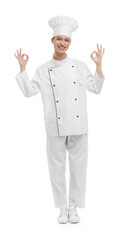 Happy woman chef in uniform showing OK gestures on white background