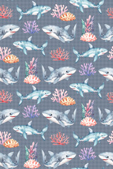 Cute baby watercolor pattern with sharks and seaweed. Perfect for baby clothing, textiles, fabrics