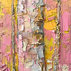 A detailed close-up of a painting depicting the intricate textures and patterns of a tree trunk