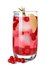 Tasty cranberry cocktail with ice cubes, rosemary and lime in glass isolated on white