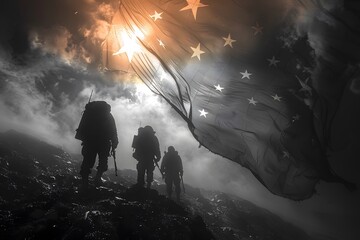 Soldiers Standing Next to American Flag - obrazy, fototapety, plakaty