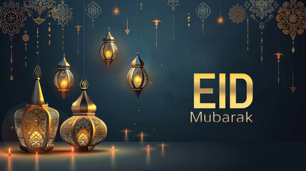 Eid Mubarak celebration banner with traditional lanterns. Blue banner  having glowing lanterns with gold typography 