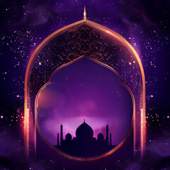 Eid Mubarak Poster design in shining purple color decorative design. Masjid silhouette with glittering and shining particles. 