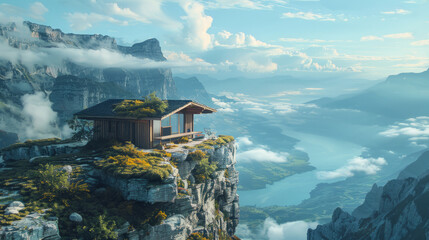 A serene mountain landscape features a wooden cabin perched atop a cliff with a panoramic view of the valley below, with clouds gently brushing against rugged peaks in the background. - obrazy, fototapety, plakaty
