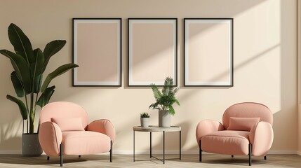 Pastel Coral Pink armchairs and tables and plants. Posters of models in square frames on empty beige walls in living room interiors