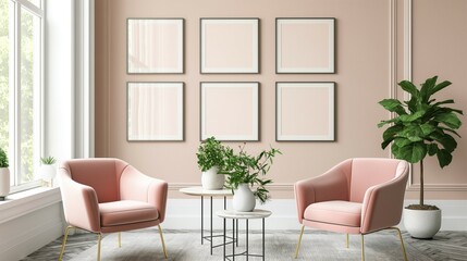 Pastel Coral Pink armchairs and tables and plants. Posters of models in square frames on empty beige walls in living room interiors