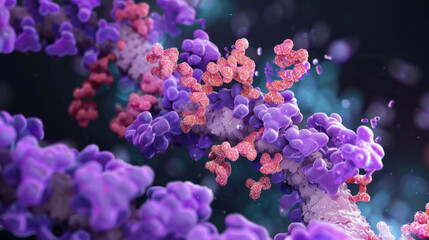 Antibodies bind to virus particles in a microscopic view, showcasing the immune response - obrazy, fototapety, plakaty