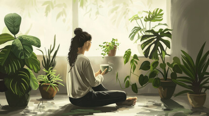 A woman sits on the floor, surrounded by lush houseplants, savoring a cup of coffee in gentle sunlight filtering through the window - obrazy, fototapety, plakaty