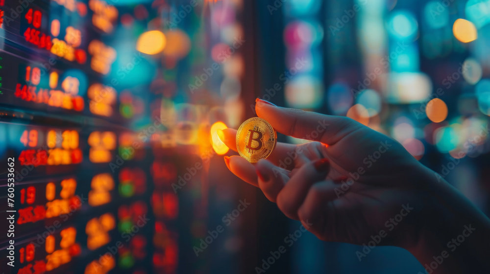 Poster a close-up shot of a person's hand holding a glowing bitcoin in front of a colorful digital stock ma