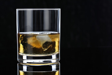 Tasty whiskey and ice cubes in glass on mirror table against black background, closeup. Space for text