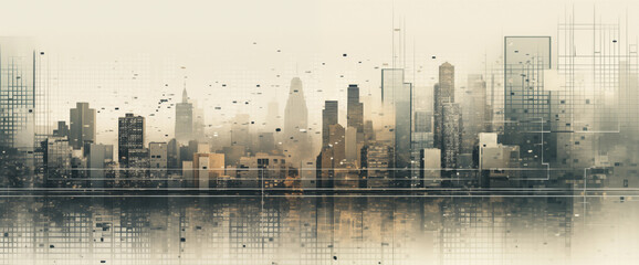 Illustration of a Dusty, Vast Megacity in a Stylish Manner. Captures the Urban Grit and Glamour of a Bustling Metropolis with Modern Flair. Reflects the Energy and Complexity of City Life in Artistic  - obrazy, fototapety, plakaty