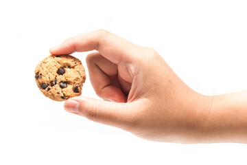 Hand holding chocolate chip cookies isolated on white background clipping path