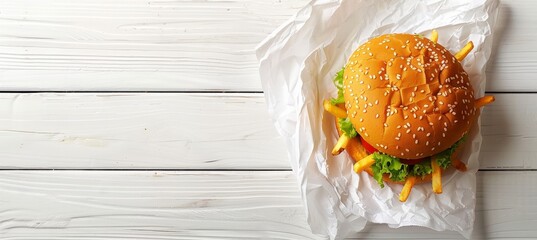 Top view of classic burger and fries on wooden table with copy space, ideal for food blogs
