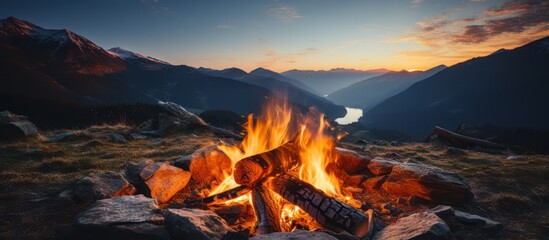campfire in a beautiful place in the mountains - obrazy, fototapety, plakaty