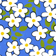floral seamless background pattern with abstract flowers, leaves, paint strokes and splashes, on blue
