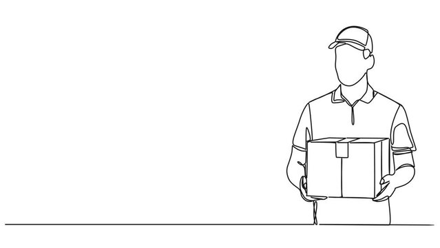animated continuous single line drawing of delivery person holding parcel, line art animation