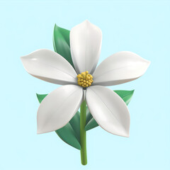 White daisy flower with green leaves on blue background. 3d illustration