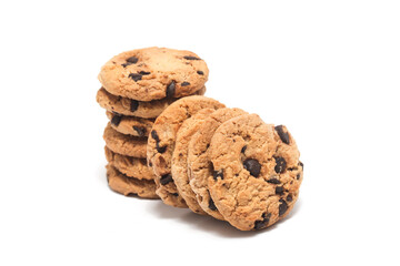 Stacked of chocolate chip cookies isolated on white background clipping path