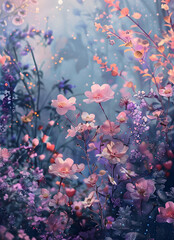 Fototapeta na wymiar A natural landscape featuring a blooming field of pink and purple flowers